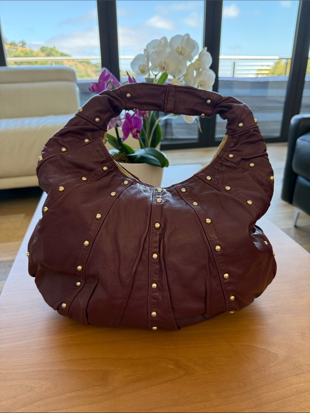 Studded Deep Burgundy Leather Hobo Bag with Padded Handle